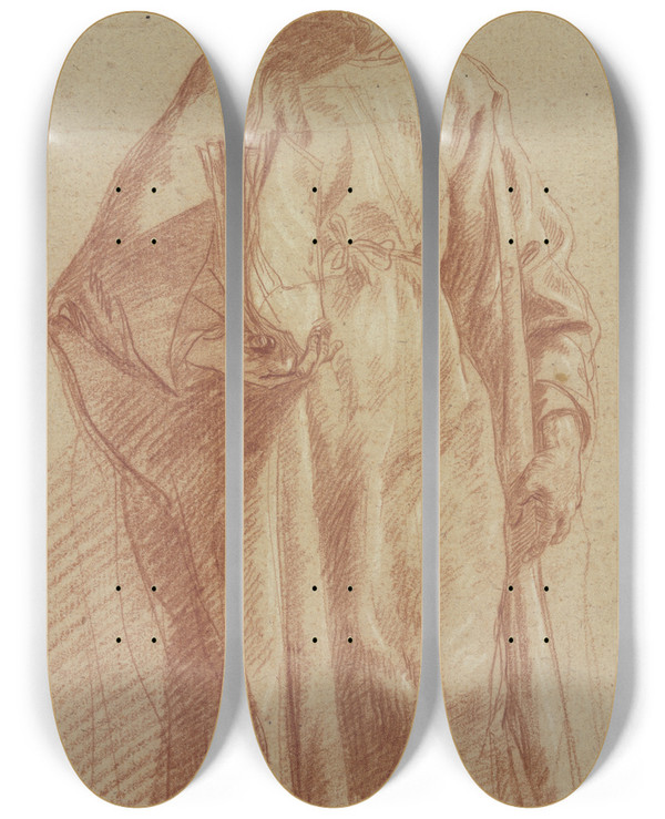 Triptych art skateboard deck of Cornelis Van Den Berg Stehender Brtiger Mann Mit Buch by Cornelis Van Den Berg (1699-1774)