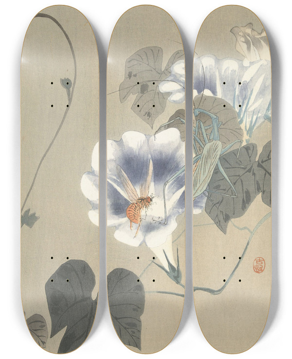 Triptych art skateboard deck of Ohara Koson Insects At Bindweed by Ohara Koson (1877-1945)