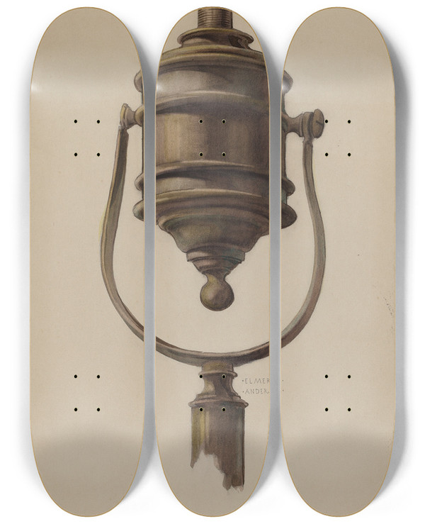 Triptych art skateboard deck of Elmer G Anderson Firemans Torch_1 by Elmer G Anderson