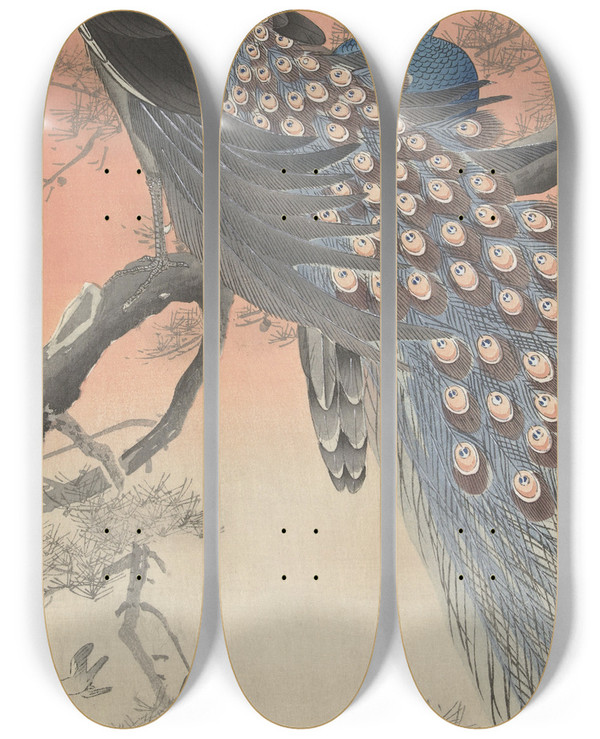 Triptych art skateboard deck of Ohara Koson Two Peacocks On Tree Branch by Ohara Koson (1877-1945)