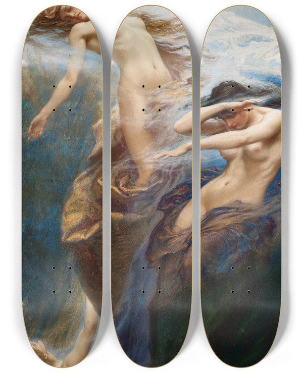 Triptych art skateboard deck of Herbert James Draper The Mountain Mists by Herbert James Draper (1864-1920)