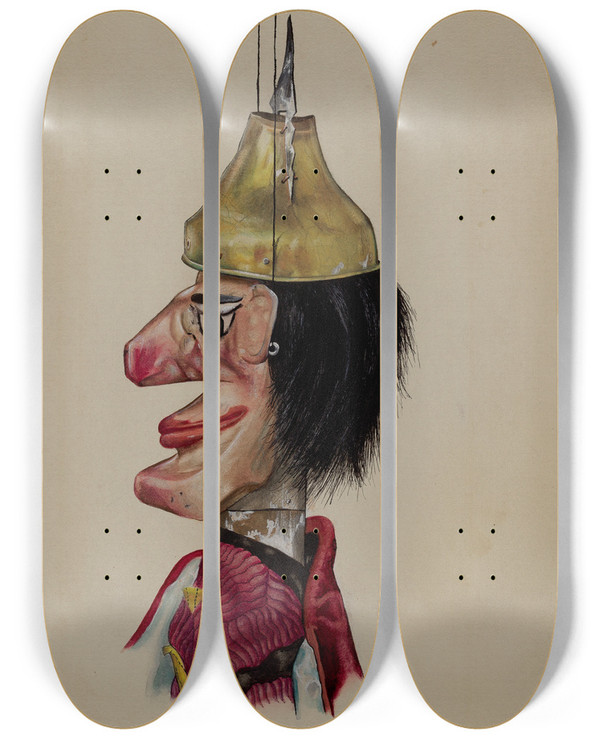 Triptych art skateboard deck of Elmer Weise King Saul Marionette by Elmer Weise