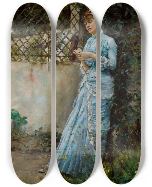 Triptych art skateboard deck of Julius Leblanc Stewart Far Away Thoughts1880 by Julius Leblanc Stewart (1855-1919)