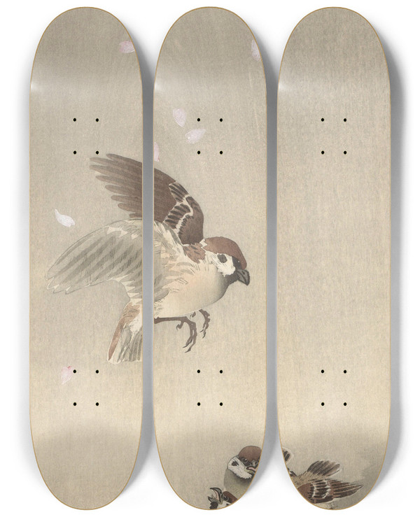 Triptych art skateboard deck of Ohara Koson Tree Sparrow With Young by Ohara Koson (1877-1945)