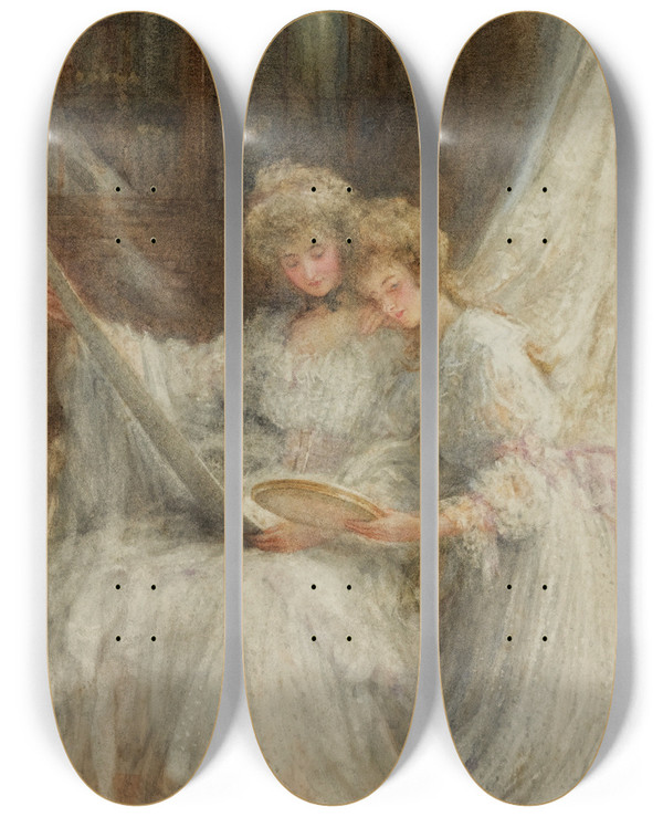 Triptych art skateboard deck of Mary Lightbody Gow Sisters by Mary Lightbody Gow (1851-1929)