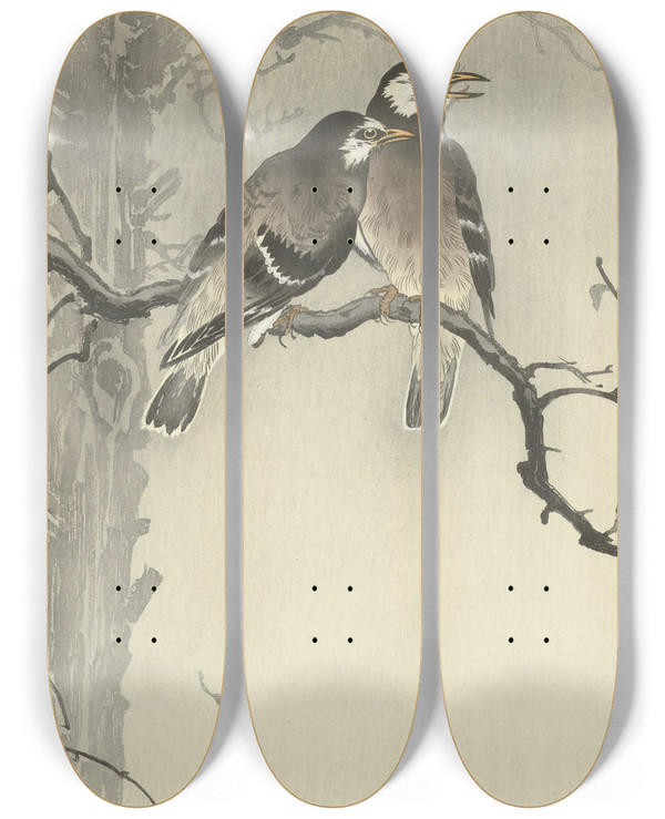 Triptych art skateboard deck of Ohara Koson Two Gray Starlings by Ohara Koson (1877-1945)