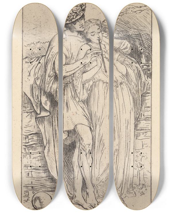 Triptych art skateboard deck of Frederic Leighton Pastorale by Frederic Leighton (1830-1896)