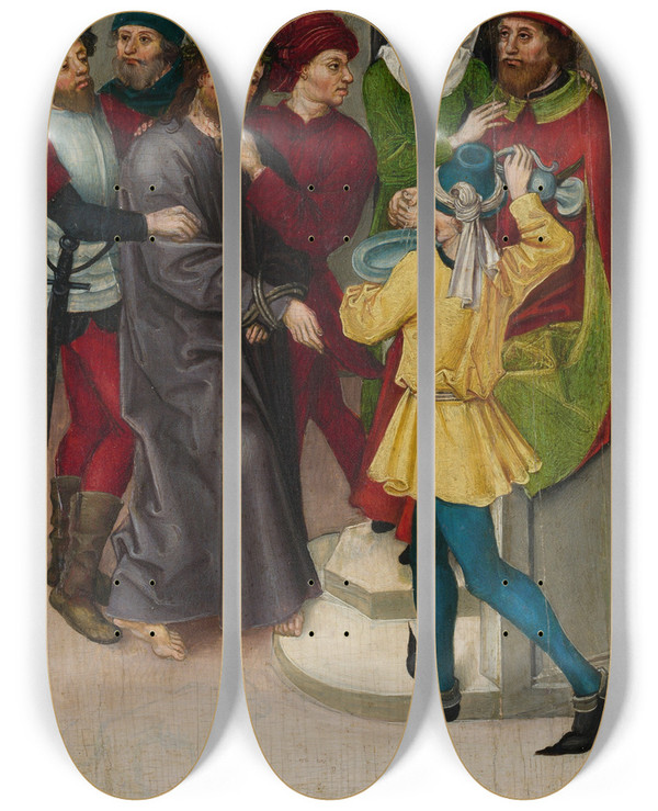 Triptych art skateboard deck of Ludwig Schongauer Christ Before Pilate by Ludwig Schongauer (1440-1494)