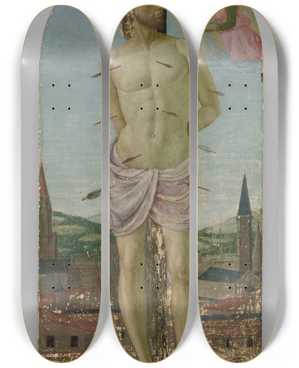 Triptych art skateboard deck of Gherardo Di Giovanni Del Fora Saintsebastian by Gherardo di Giovanni del Fora (1445-1497)