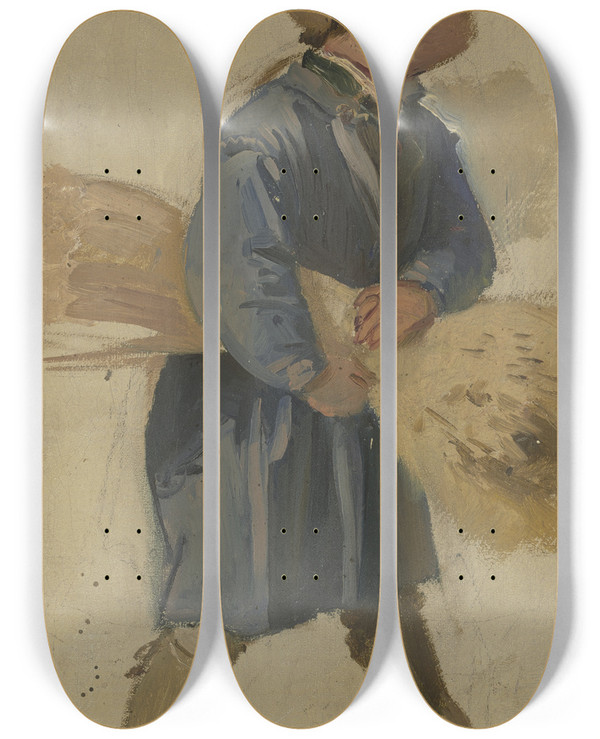 Triptych art skateboard deck of Jakob Becker Bauernjunge Mit Garbe Unterm Arm_1 by Jakob Becker (1810-1872)