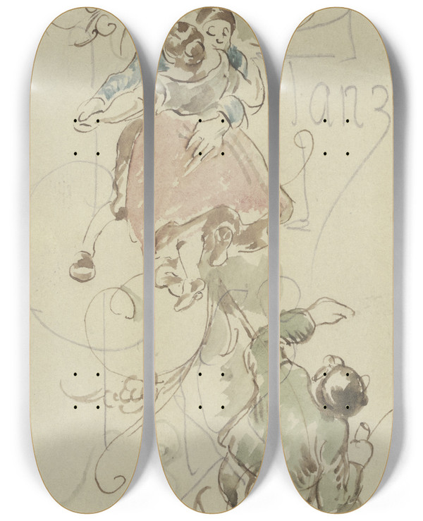 Triptych art skateboard deck of Wilhelm Busch Dance Card by Wilhelm Busch (1832-1908)