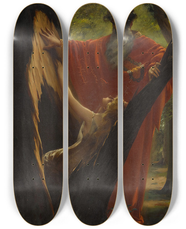 Triptych art skateboard deck of Luis Ricardo Falero The Tempest by Luis Ricardo Falero (1851-1896)