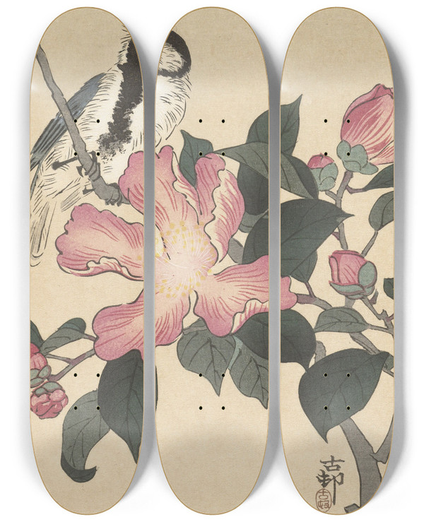 Triptych art skateboard deck of Ohara Koson Great Tit On Branch With Pink Flowers by Ohara Koson (1877-1945)