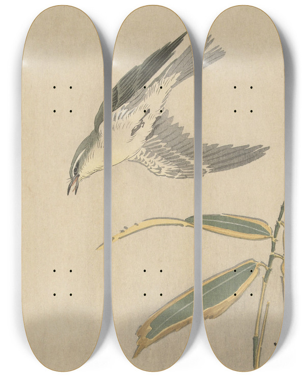 Triptych art skateboard deck of Ohara Koson Wheatear With Bamboo by Ohara Koson (1877-1945)
