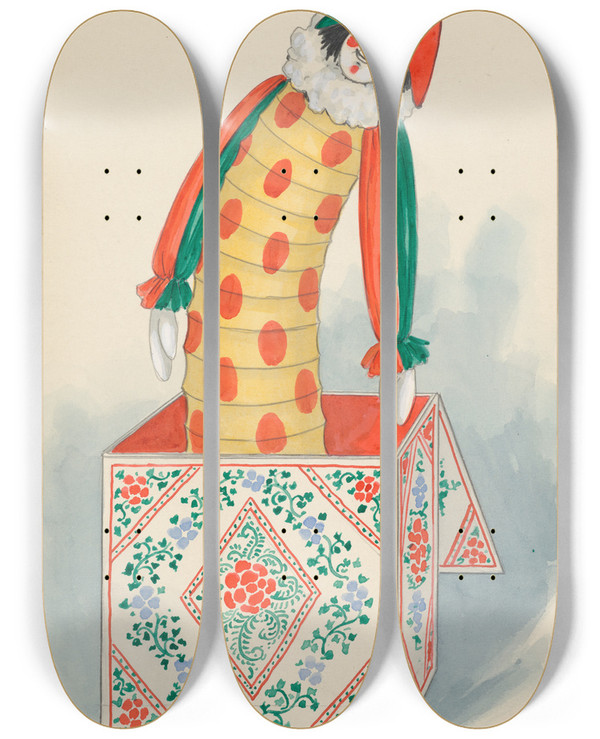 Triptych art skateboard deck of Will R Barnes Jackinthebox by Will R Barnes (1939)