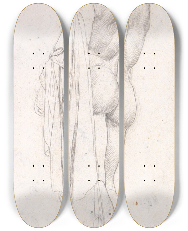 Triptych art skateboard deck of George Romney Back View Of A Standing Classical Male Figure by George Romney (1734-1802)