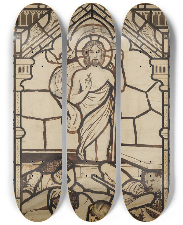 Triptych art skateboard deck of Sir Edward Coley Burnejones The Resurrection by Sir Edward Coley Burne-Jones (1833-1898)