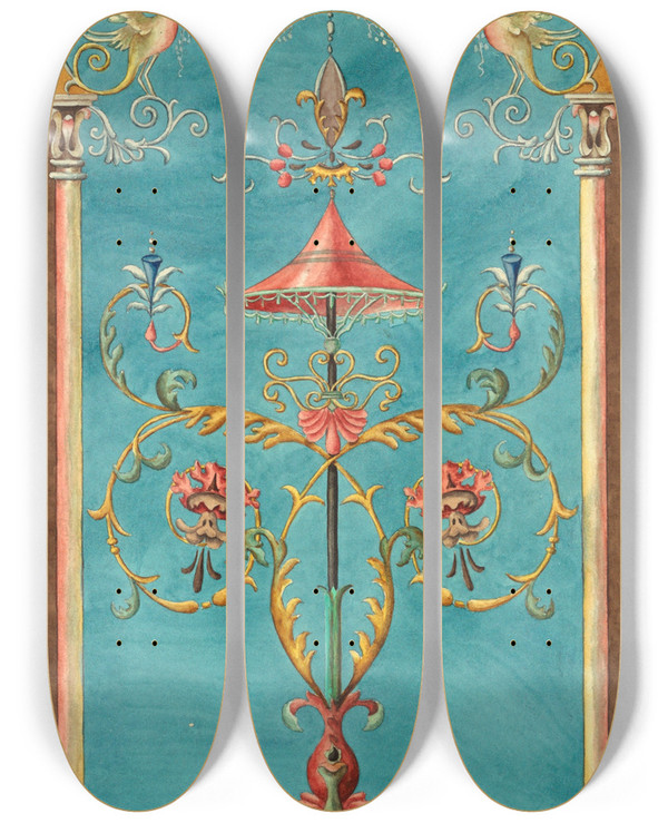 Triptych art skateboard deck of Elizabeth A Nedwill Pompeian Ornament by Elizabeth A Nedwill (19-)