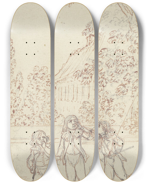 Triptych art skateboard deck of Daniel Nikolaus Chodowiecki Drei Jungen An Einer Gartenmauer by Daniel Nikolaus Chodowiecki (1726-1801)