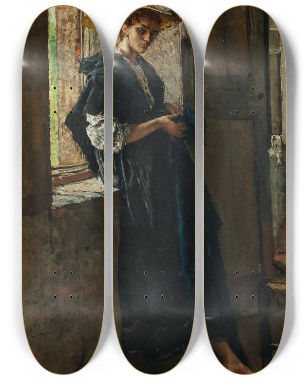 Triptych art skateboard deck of Mos Bianchi Lady With Strawhat By The Window by Mose Bianchi (1840-1904)