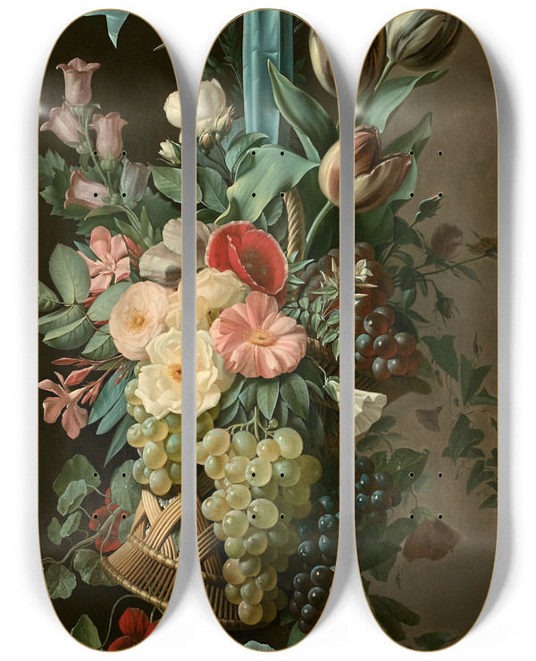 Triptych art skateboard deck of Augustinalexandre Thierriat Corbeille De Fruits Et De Fleurs Suspendue Un Ruban by Augustin-Alexandre Thierriat