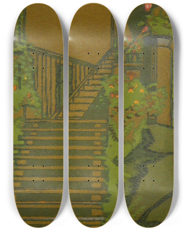 Triptych art skateboard deck of Eric O W Ehrstrm Stairs An Architectural Study by Eric O W Ehrstrom (1881-1934)