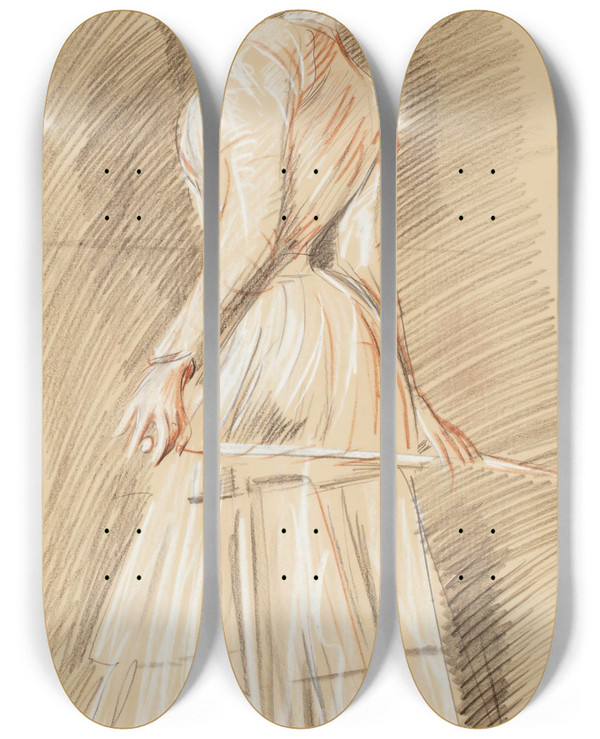 Triptych art skateboard deck of Paul Csar Helleu Elgante La Canne by Paul Cesar Helleu (1859-1927)