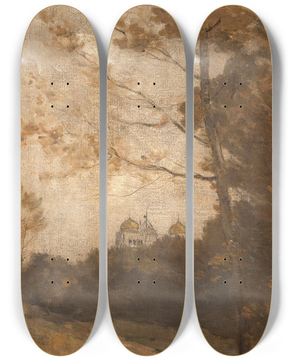 Triptych art skateboard deck of Auguste Pointelin Le Parc Montsouris by Auguste Pointelin (1839-1933)