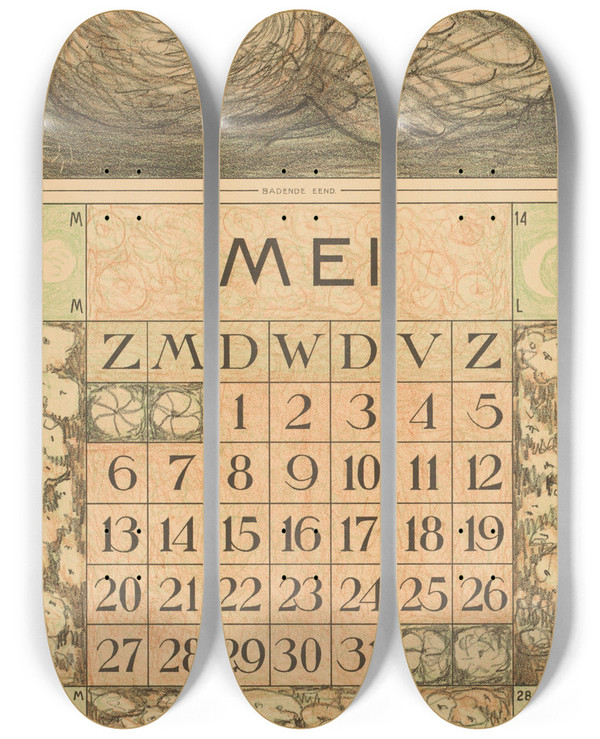 Triptych art skateboard deck of Theo Van Hoytema Kalenderblad Mei Met Witte Eend by Theo Van Hoytema (1863-1917)