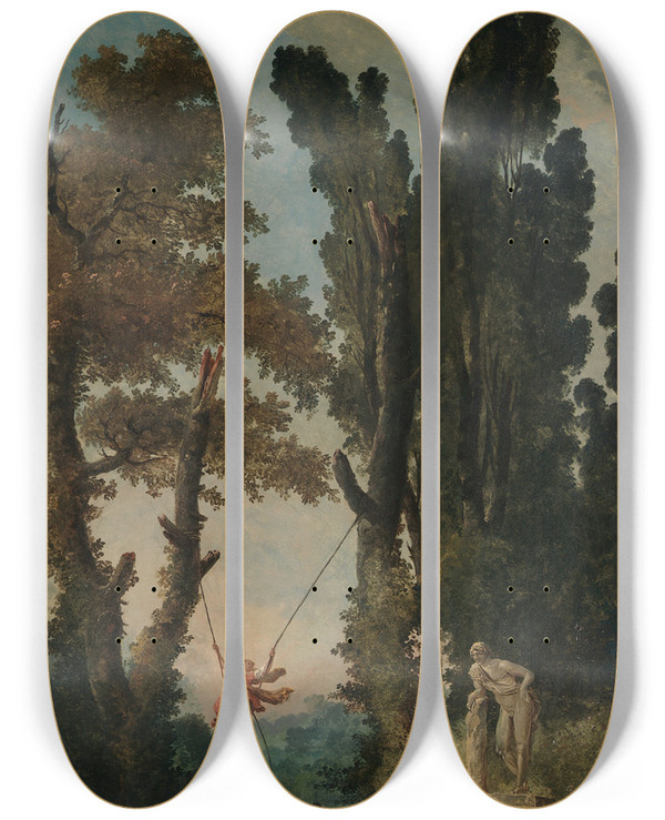 Triptych art skateboard deck of Hubert Robert The Swing by Hubert Robert (1733-1808)