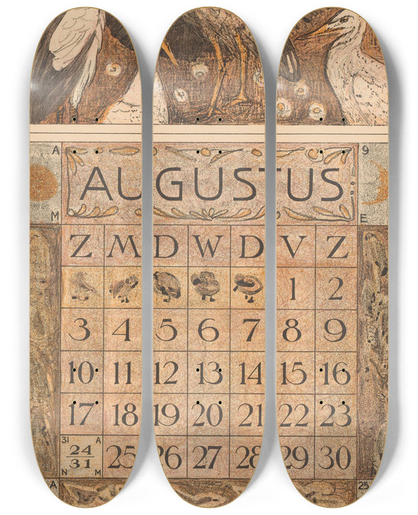 Triptych art skateboard deck of Theo Van Hoytema Kalenderblad Augustus Met Ooievaars by Theo Van Hoytema (1863-1917)