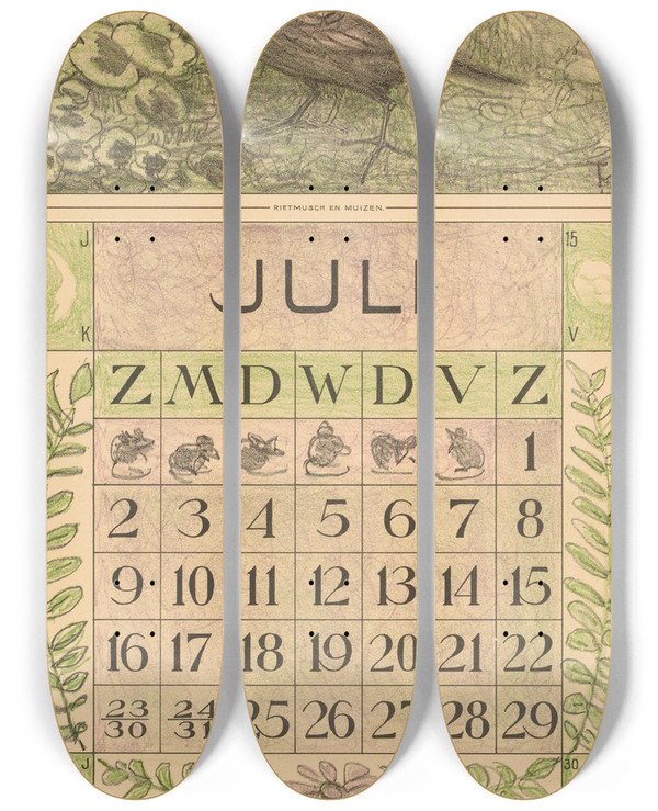 Triptych art skateboard deck of Theo Van Hoytema Kalenderblad Juli Met Vogel En Muizen by Theo Van Hoytema (1863-1917)