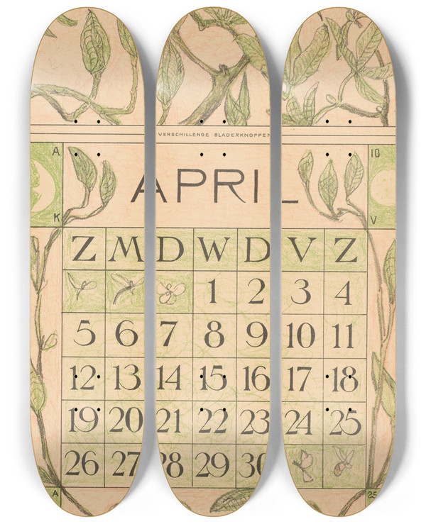 Triptych art skateboard deck of Theo Van Hoytema Kalenderblad April Met Bladeren by Theo Van Hoytema (1863-1917)
