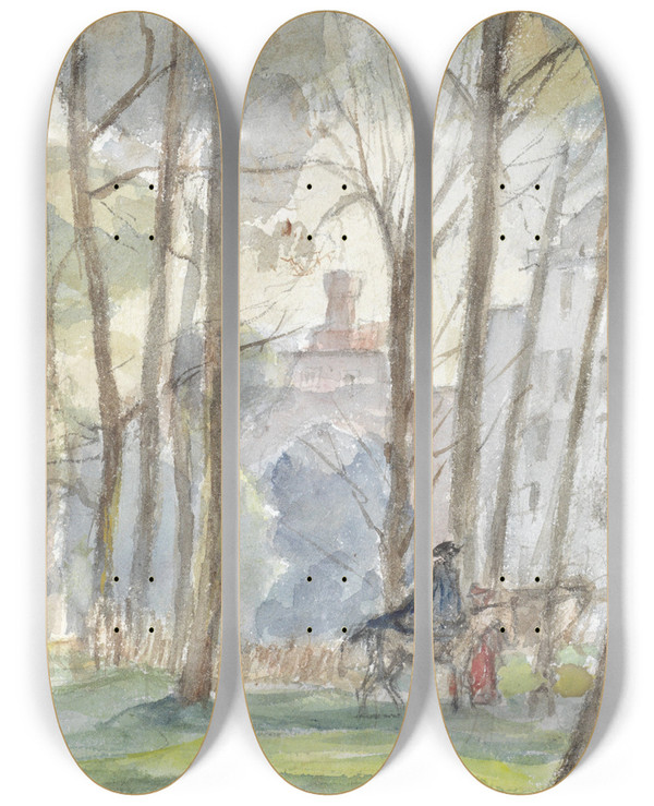Triptych art skateboard deck of Jozef Israls Park Met Figuren Te Paard by Jozef Israels (1824-1911)
