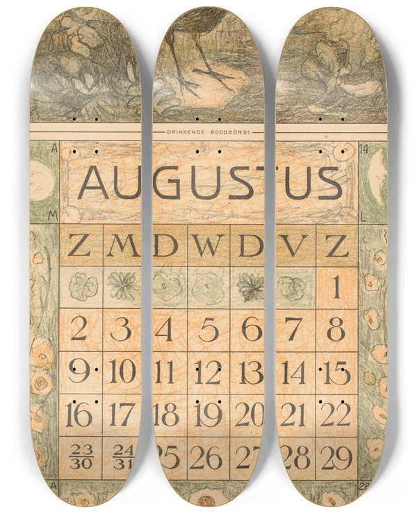 Triptych art skateboard deck of Theo Van Hoytema Kalenderblad Augustus Met Roodborstje by Theo Van Hoytema (1863-1917)