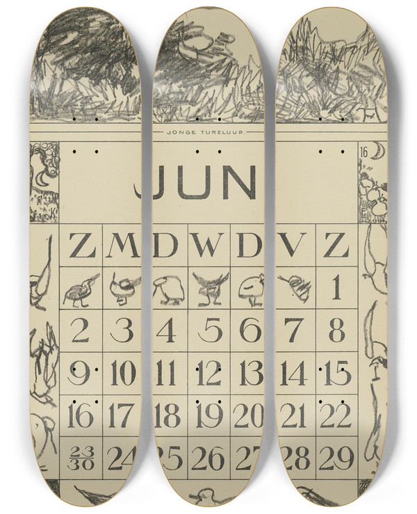 Triptych art skateboard deck of Theo Van Hoytema Kalenderblad Juni Met Tureluur In Het Gras by Theo Van Hoytema (1863-1917)
