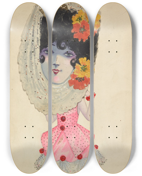 Triptych art skateboard deck of Will R Barnes Party Mask by Will R Barnes (1939)
