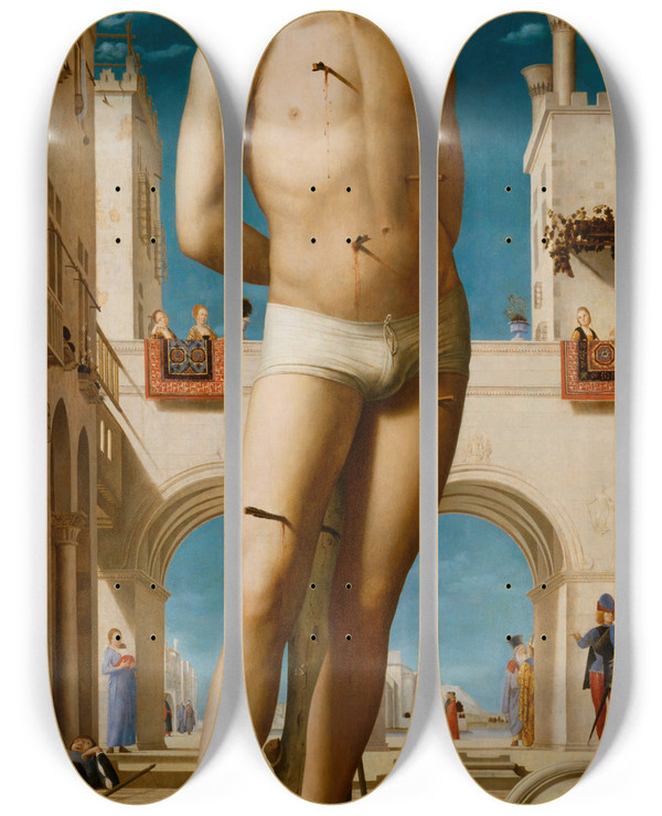 Triptych art skateboard deck of Antonello Da Messina Saint Sebastian by Antonello Da Messina (1430-1479)