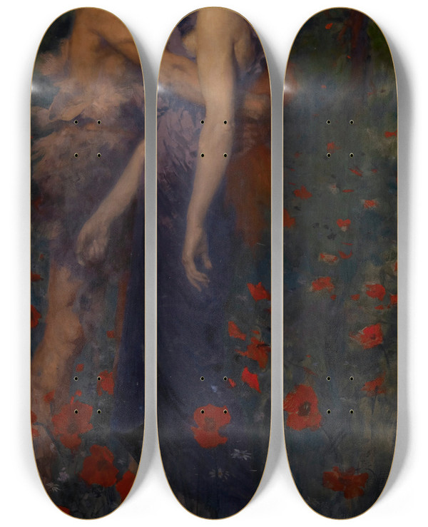 Triptych art skateboard deck of Maurice Greiffenhagen An Idyll by Maurice Greiffenhagen (1862-1931)