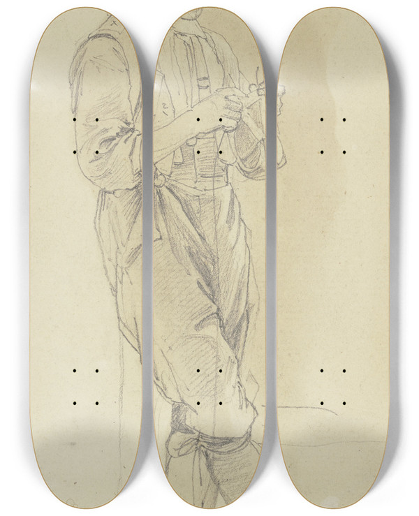 Triptych art skateboard deck of Jakob Becker Angelehnt Stehender Junge Strickend by Jakob Becker (1810-1872)