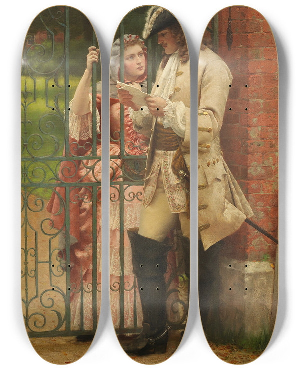 Triptych art skateboard deck of Edmund Blair Leighton What Shall I Say by Edmund Blair Leighton (1853-1922)
