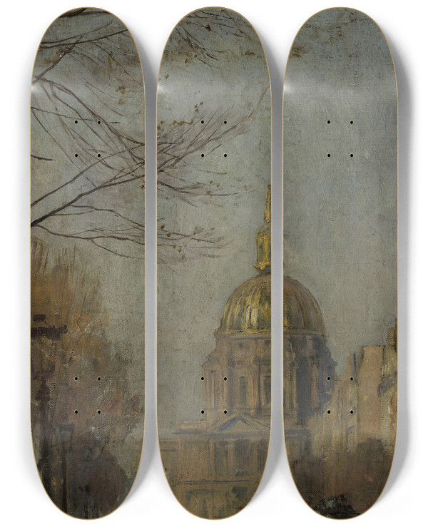 Triptych art skateboard deck of Henri Zuber Boulevard Des Invalides by Henri Zuber (1844-1909)