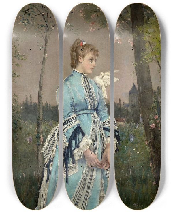 Triptych art skateboard deck of Alfred Stevens Spring by Alfred Stevens (1817-1875)