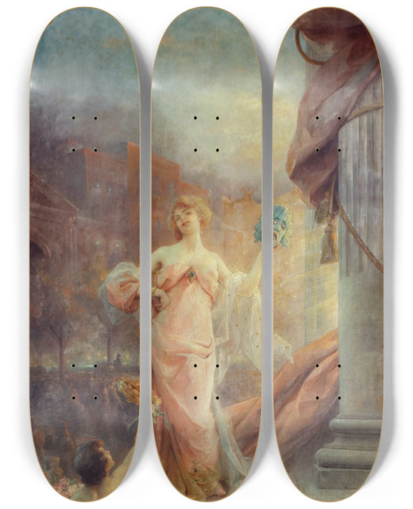 Triptych art skateboard deck of Henri Adrien Tanoux Les Thtres_1 by Henri Adrien Tanoux (1865-1923)