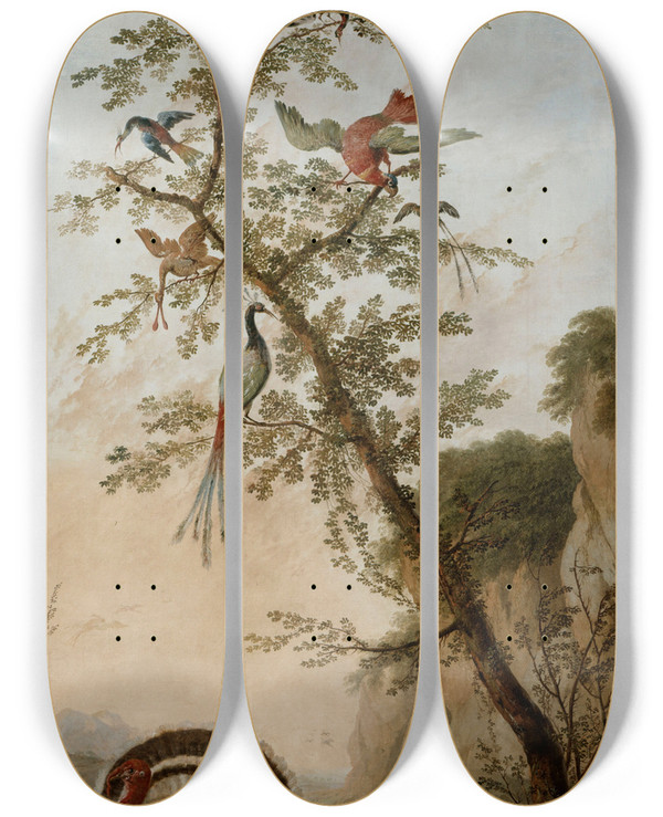 Triptych art skateboard deck of Jeanbaptiste Pillement Panneau Dcoratif Sujets Danimaux_1 by Jean-Baptiste Pillement (1728-1808)