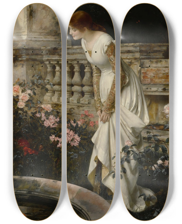 Triptych art skateboard deck of Eduard Niczky The Koi Pond by Eduard Niczky (1850-1919)