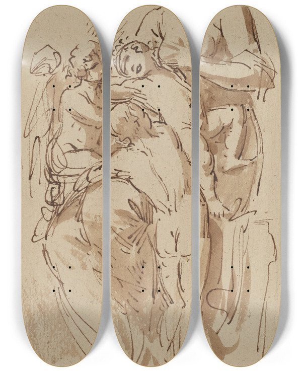 Triptych art skateboard deck of Benjamin West Charity by Benjamin West (1738-1820)