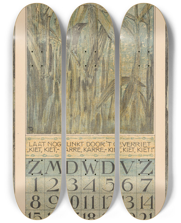 Triptych art skateboard deck of Theo Van Hoytema Kalenderblad September Met Vogel In Het Riet by Theo Van Hoytema (1863-1917)