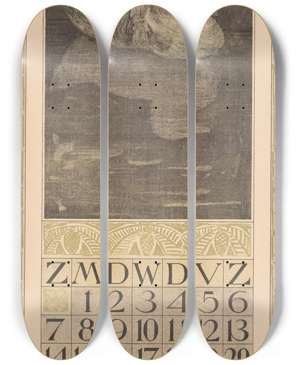 Triptych art skateboard deck of Theo Van Hoytema Kalenderblad November Met Drijvende Eend by Theo Van Hoytema (1863-1917)