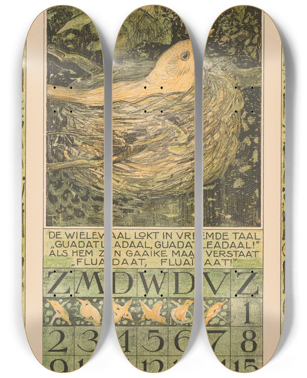 Triptych art skateboard deck of Theo Van Hoytema Kalenderblad Juni Met Broedende Vogel by Theo Van Hoytema (1863-1917)
